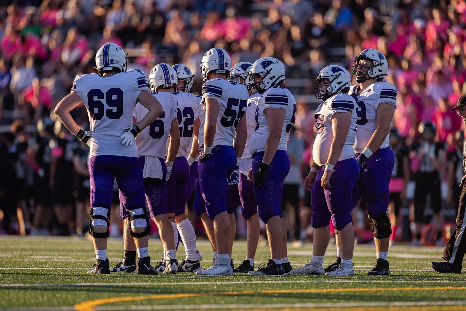 Buffalo Bison in their offensive huddle